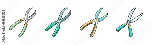 Set of four cartoon garden pruning shears and secateurs with colorful handles