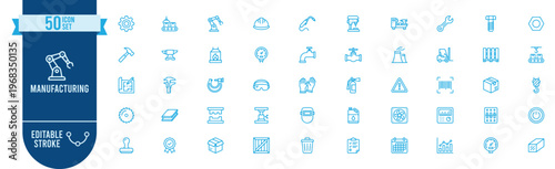 Manufacturing icon set. Contains icons related to factory, robot arm, helmet, gear, crane, forklift, conveyor, welding, tools, warning, barcode, packaging and more. Editable stroke.
