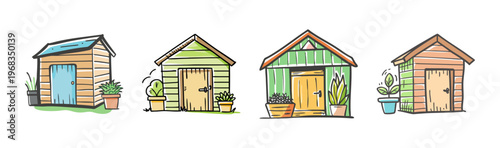 Collection of four charming cartoon garden sheds with potted plants, vector illustration