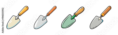 Group of four garden trowels with wooden handles and metal scoops for digging.