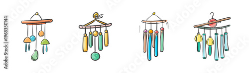 Set of four colorful garden wind chimes with bamboo and glass elements, vector art.