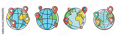Globes with colorful location pins, representing worldwide travel destinations and navigation.