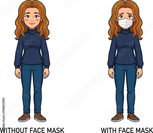 Cartoon character of young woman wearing casual blue sweater and jeans with and without medical face mask, cad drawing flat vector illustration