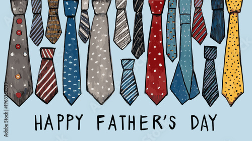Colorful hand drawn necktie pattern in playful doodle style, creative Father’s Day background for fashion branding, gifts, and festive designs