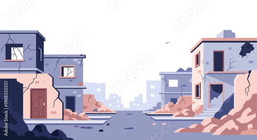 Urban War Zone Street with Collapsed Structures and Smoke