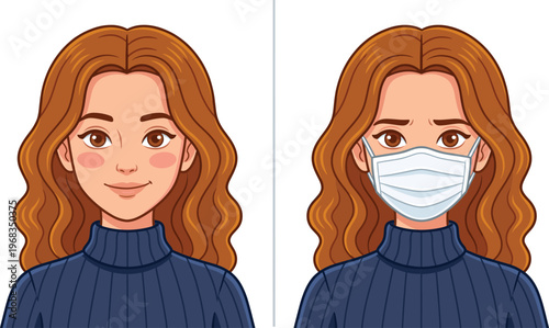 Young woman avatar vector illustration wearing medical face mask for protection and health safety concept