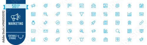 Marketing icon set. Contains icons related to SEO, social media, analytics, campaign, target, funnel, email, megaphone, hashtag, branding, growth and more. Editable stroke.