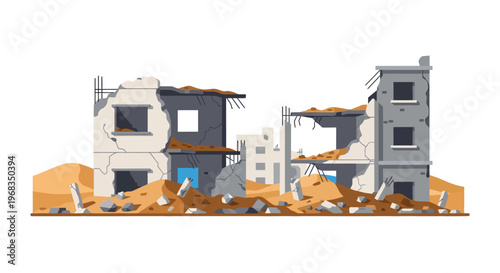 Detailed Rubble Pile and Destroyed Brick Wall from War Damage