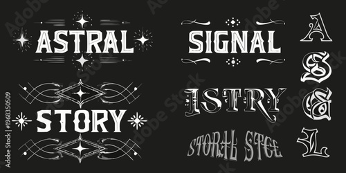 Vintage astral and signal typography with ornate decorative elements