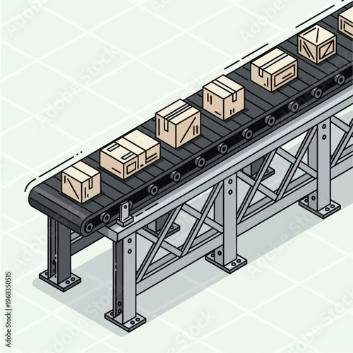 Conveyor belt system with cardboard boxes in a factory setting.