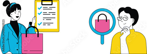 A woman shows a checked list to a thoughtful man with a shopping bag and magnifying glass