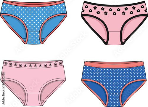 Collection of women underwear panties with polka dots and flower patterns, cad drawing flat vector illustration