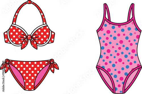 Red polka dot bikini and pink one piece swimsuit with colorful spots, cad drawing flat vector illustration