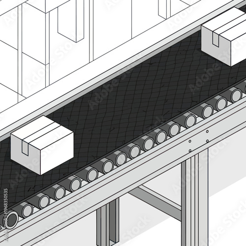 Conveyor belt system with packages in a factory or warehouse setting.