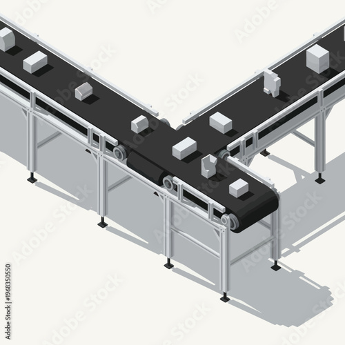 Isometric view of a modern industrial conveyor belt system with white boxes, illustrating automated factory production and logistics.