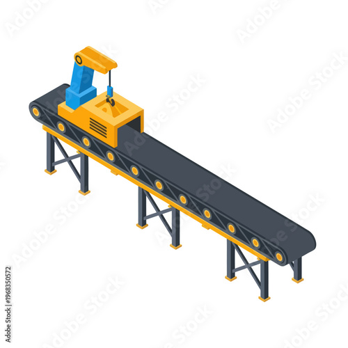 Isometric Industrial Conveyor Belt System with Robotic Arm for Manufacturing and Automation.