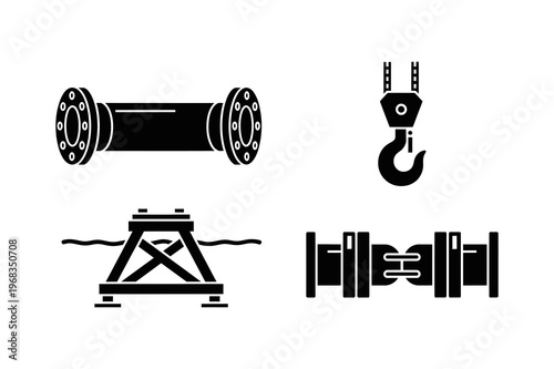 Collection of industrial engineering icons featuring pipeline components, a heavy-duty crane hook, and an offshore foundation structure, depicting essential construction and infrastructure elements