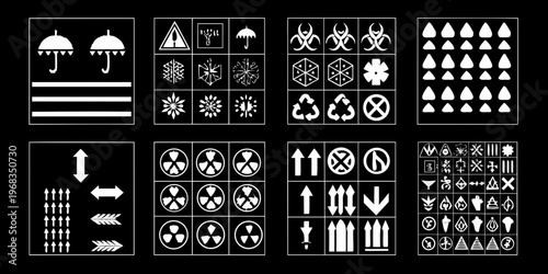 Collection of white warning and informational symbols on a black background