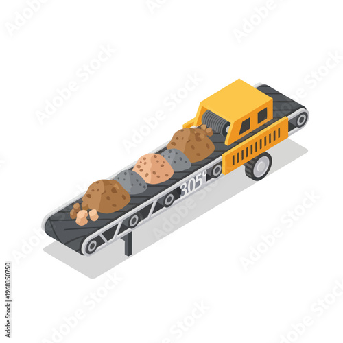 Isometric Conveyor Belt with Rocks and Minerals for Mining and Construction.