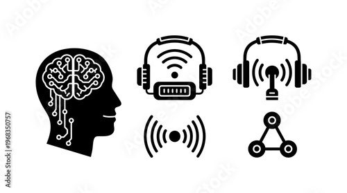Exploring the Fusion of Mind and Technology A Collection of AI Brain Interface and Wireless Communication Icons for Digital Connectivity