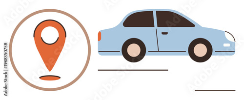 Navigation, travel, transportation, GPS tracking, car rental, logistics. Blue car driving with a location pin symbol. Navigation and transportation concept for modern services and tracking