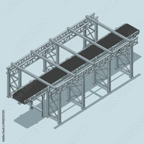 Isometric view of a long industrial conveyor belt system.