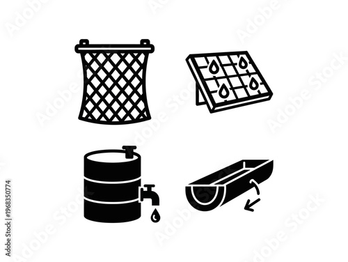 Set of eco-friendly vector icons representing essential concepts of water conservation, sustainable collection, purification, and efficient utilization practices