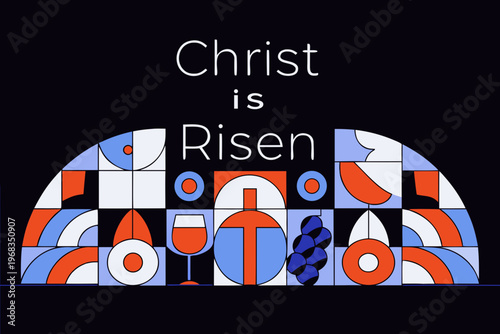 A colorful geometric design proclaims the message christ is risen
