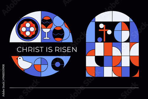 Colorful easter eggs and a dove celebrate the risen christ