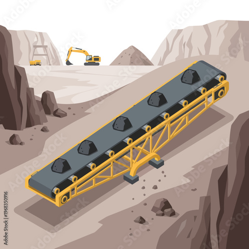 Industrial Conveyor Belt System Transporting Coal in Mine.