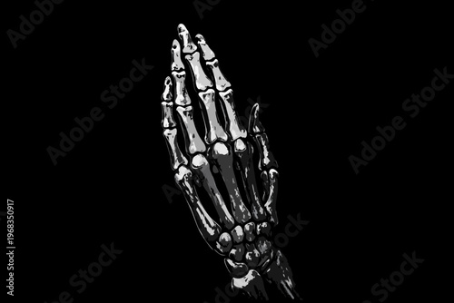 A dramatic grayscale illustration of praying skeletal hands against black