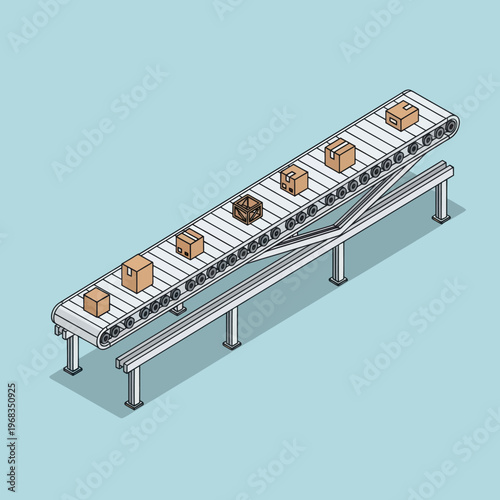 Isometric Conveyor Belt System with Packages and One Broken Box.