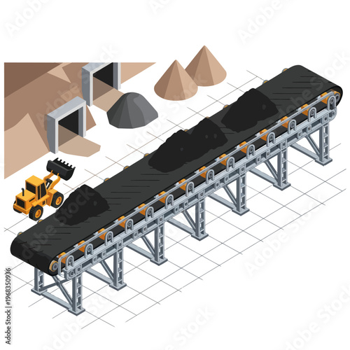 Isometric Conveyor Belt System Transporting Coal in a Mining Operation.