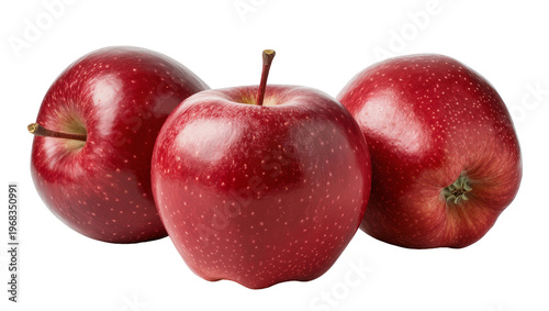 Three vibrant ripe crimson apples with subtle speckles and green stems, isolated on transparent background for healthy food promotions