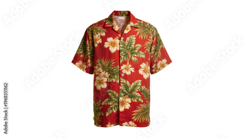 Tableau sur toile Vibrant red Hawaiian shirt displaying tropical hibiscus flowers and lush green f