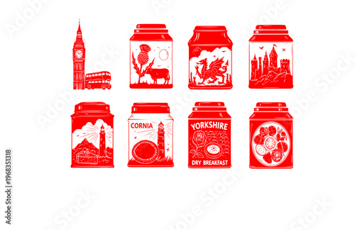 Local Flavor British Tea Tin Silhouette Sticker, Artifact Style Gastronomy Vector, Hand Etched Heritage Kitchen Illustration