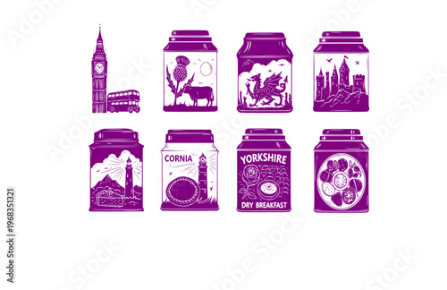 Local Flavor British Tea Tin Silhouette Sticker, Artifact Style Gastronomy Vector, Hand Etched Heritage Kitchen Illustration