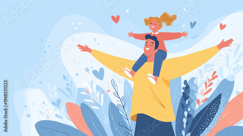 Joyful father carrying child illustration in soft modern style, heartwarming Father’s Day design for family themes, greeting cards, and emotional branding