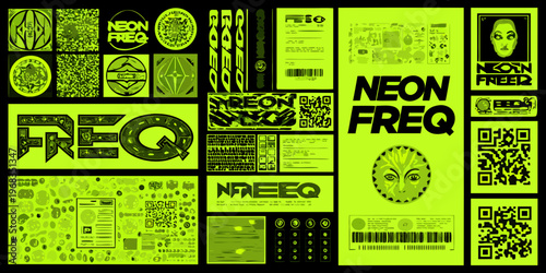 A vibrant collage of neon green graphical elements text and abstract designs