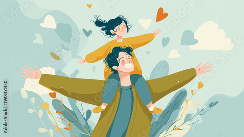 Joyful father carrying child illustration in soft modern style, heartwarming Father’s Day design for family themes, greeting cards, and emotional branding