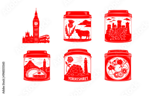 Local Flavor British Tea Tin Silhouette Sticker, Artifact Style Gastronomy Vector, Hand Etched Heritage Kitchen Illustration