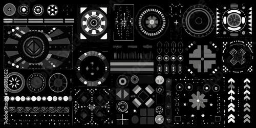 Abstract arrangement of grayscale mechanical components and futuristic interface elements