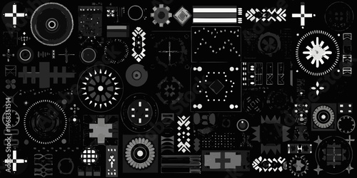 An intricate arrangement of black and white geometric shapes and patterns