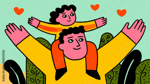 Playful textured father and child illustration in bold retro style, vibrant Father’s Day design for greeting cards, posters, and emotional storytelling visuals