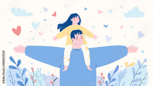 Joyful father carrying child illustration in soft modern style, heartwarming Father’s Day design for family themes, greeting cards, and emotional branding