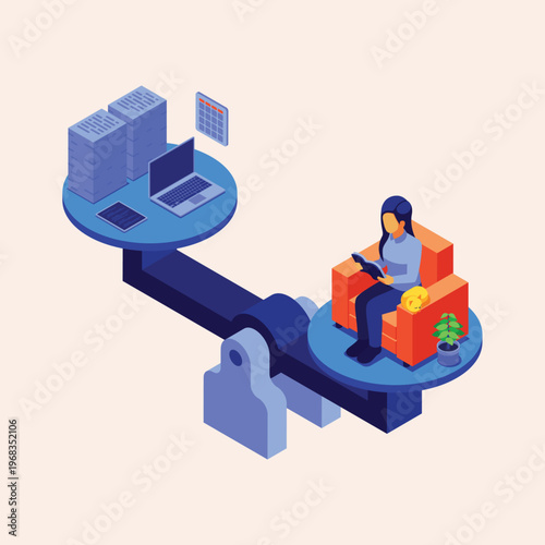 Navigating Work-Life Balance An Isometric Visual Depicting the Crucial Equilibrium Between Demanding Professional Tasks and Valued Personal Relaxation for Overall Well-being and Success