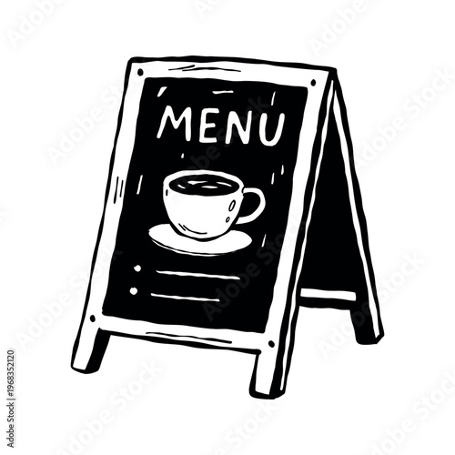 Black and white hand drawn doodle menu board illustration with coffee cup and “menu” lettering. Sketchy imperfect style, cozy aesthetic for cafes, restaurants, coffee branding, posters and signage.