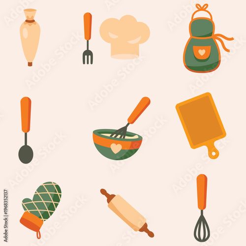 Adorable collection of essential baking and kitchen tools presented in a charming flat design vector illustration, perfect for culinary enthusiasts and sweet treat preparations