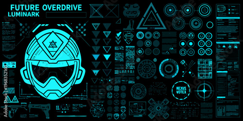 Futuristic heads up display with helmet and technical interface elements