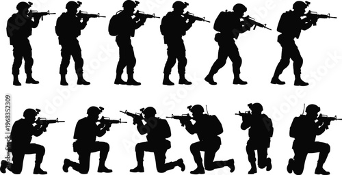 Set of military soldier silhouettes in various action poses, including standing, kneeling, aiming rifles, wearing tactical gear, and combat helmets.